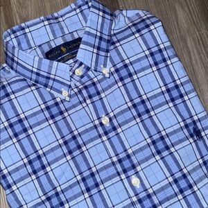 Ralph Lauren mens’s button down dress shirt large slim fit blue plaid casual